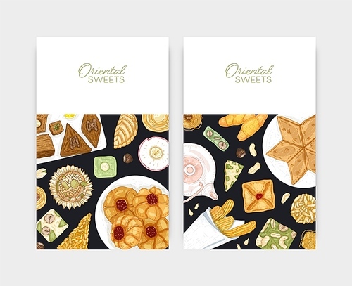 Bundle of flyer or poster templates with oriental desserts on plates. Traditional sweets, tasty confections, delicious pastry. Hand drawn realistic vector illustration for confectionery advertisement