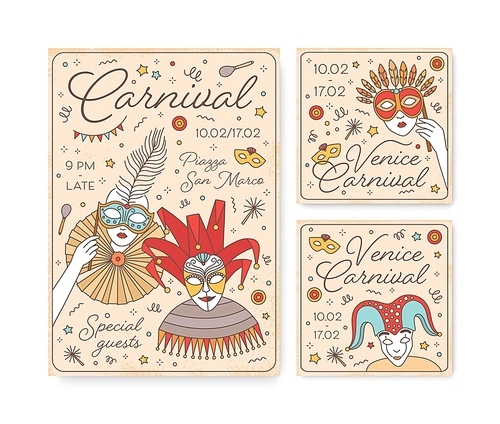Collection of decorative card, party invitation, flyer or poster templates with Venetian masks for carnival, Mardi Gras celebration or masquerade ball. Modern vector illustration in line art style