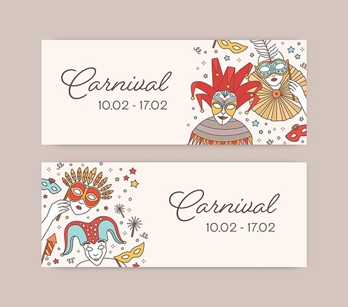 Set of horizontal web banner templates with traditional Venetian masks, cap and bells and costumes for carnival, Mardi Gras celebration or masquerade ball. Vector illustration in line art style
