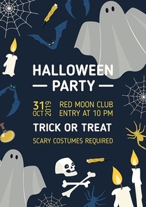 Halloween party invitation, flyer or poster templates with scary ghosts, candles, bats and spiders and place for text. Vector illustration in flat cartoon style for celebratory event advertisement