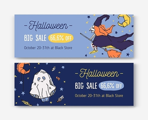 Bundle of horizontal holiday web banner templates with Halloween characters - witch and ghost. Vector illustration in for party announcement, festive sale or discount promotion, advertisement