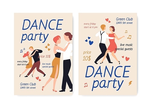 Bundle of flyer or poster templates for choreography school or studio, dance party, show or performance with pairs of elegant men and women dancing tango. Flat cartoon colorful vector illustration