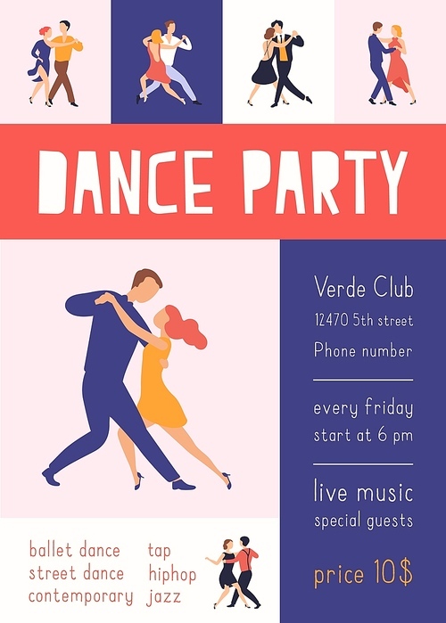 Flyer or poster template with elegant people dancing Argentine tango for dance party or festival advertisement. Modern flat cartoon colorful vector illustration for promotion of choreography event