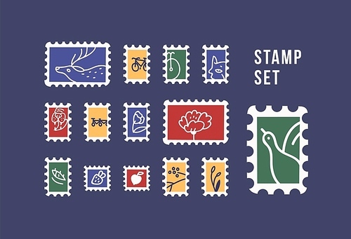 Collection of postage stamps with animals, birds, flowers and fruits isolated on dark background. Philately set. Bundle of decorative design elements. Flat cartoon colorful vector illustration