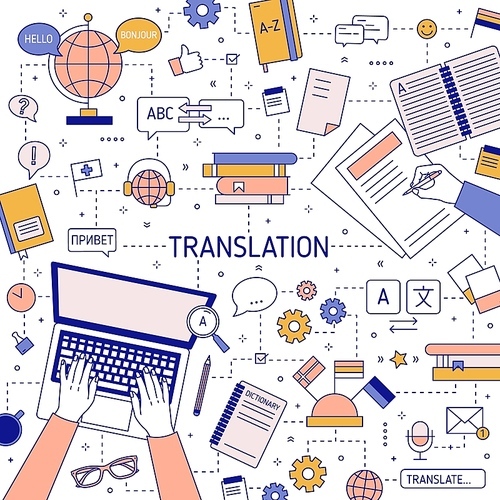 Square banner template with hands of translators typing on laptop keyboard and writing on paper. Translation of foreign languages and international communication. Vector illustration in linear style