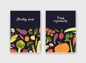 Bundle of flyer or poster templates with fresh ripe organic vegetables and place for text. Healthy vegan food or locally grown crops advertisement. Colorful vector illustration in modern flat style