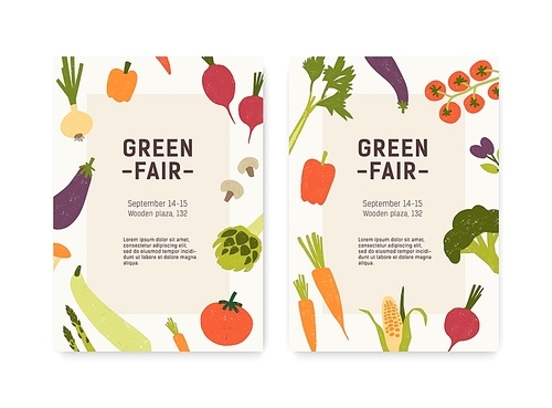Set of green fair, harvest festival or farmers market flyer or poster templates with fresh organic vegetables and place for text. Modern flat vector illustration for event announcement, promotion