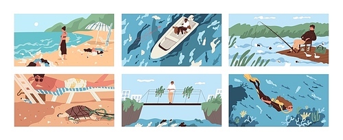 Collection of scenes with garbage and plastic debris floating in sea, ocean, lake or river or scattered along beach. Polluted water. Problem of marine pollution. Flat cartoon vector illustration