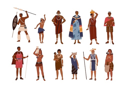 Collection of aboriginal or indigenous people of Africa dressed in ethnic clothes isolated on white . Set of men, women and children from African tribes. Flat cartoon vector illustration
