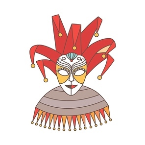 Elegant festive mask of jester or harlequin isolated on white background. Decoration for Venetian carnival, Mardi Gras parade or masquerade. Colorful vector illustration in modern line art style