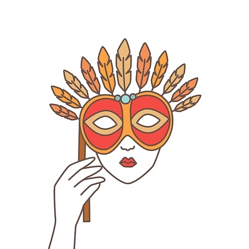 Hand holding elegant festive mask and covering face isolated on white . Mysterious decoration for Venetian carnival, Mardi Gras party or masquerade ball. Modern linear vector illustration