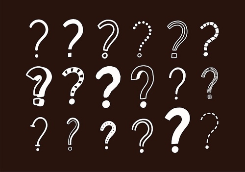 Set of doodle drawings of question marks. Collection of interrogation points hand drawn with contour lines on dark background. Brainstorm or challenge symbols. Monochrome vector illustration