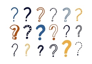 Bundle of doodle drawings of question marks. Set of interrogation points hand drawn with colorful contour lines on light background. Problem or trouble symbols. Decorative vector illustration