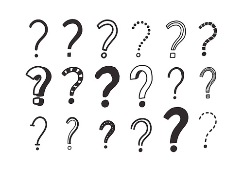 Collection of doodle drawings of question marks. Bundle of interrogation points hand drawn with black contour lines on white background. Riddle or challenge symbols. Monochrome vector illustration