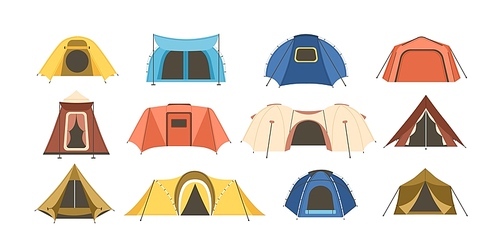 Collection of touristic and military tents of various types isolated on white . Set of shelters for hiking, mountaineering, adventure travel, recreation. Flat cartoon vector illustration