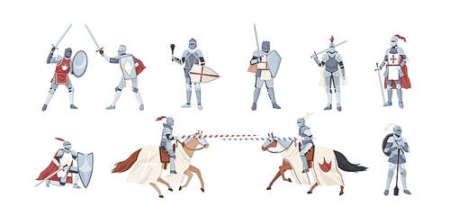 Collection of knights. Bundle of warriors holding sword, shield, mace or fighting in battle isolated on white . Set of medieval heroes wearing armor. Flat cartoon vector illustration