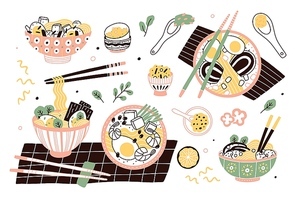 Bundle of ramen in bowls and chopsticks. Set of traditional Chinese or Japanese meal with noodles and broth. Collection of tasty Asian soup or stew, delicious food. Flat cartoon vector illustration