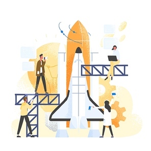 Group of people preparing spaceship, spacecraft, rocket or shuttle for space travel or mission. Clerks working together on startup company or business project launch. Modern flat vector illustration