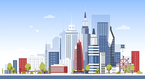 Cityscape with city downtown buildings. Panoramic view of modern business area with skyscrapers. Urban development, construction and architecture. Colorful vector illustration in flat cartoon style