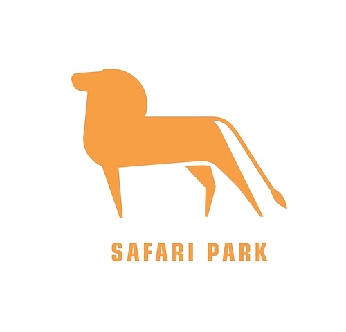 Abstract logotype with silhouette of lion. Logo for safari park with African carnivorous animal. Stylized decorative design element isolated on white . Monochrome flat vector illustration