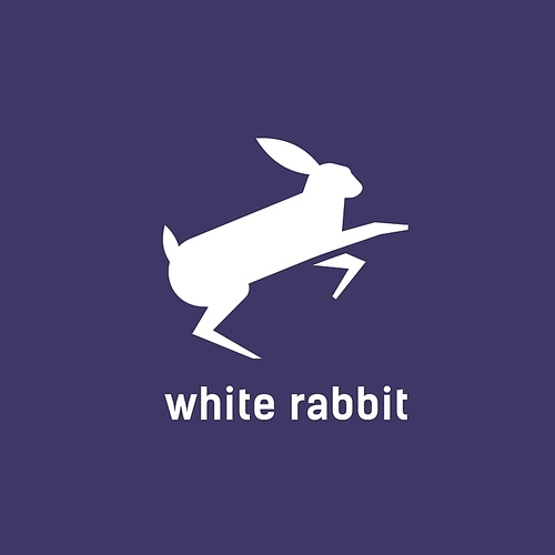 Logotype with silhouette of jumping rabbit, bunny or hare. Logo with domestic animal. Decorative design element isolated on white . Monochrome flat vector illustration for company brand