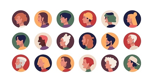 Collection of round profile portraits of young and elderly stylish men and women with various hairstyles. Bundle of funny people's heads or faces. Set of avatars. Flat cartoon vector illustration
