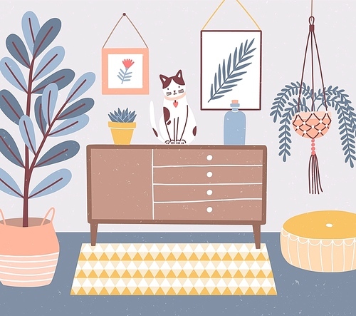 Room interior with cat sitting on chest of drawers or cupboard, houseplants in pots, ottoman, wall pictures. Apartment with furniture and home decorations in hygge style. Flat vector illustration