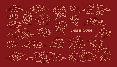 Set of clouds in traditional Japanese style hand drawn with contour lines on red background. Bundle of Asian decorative design elements, elegant atmospheric phenomena. Monochrome vector illustration