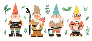 Collection of garden gnomes or dwarfs holding lantern, banner, mushroom, watering can. Set of cute fairytale characters. Bundle of lawn ornaments or decorations. Flat cartoon vector illustration