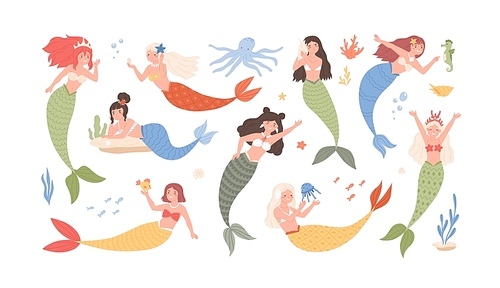 Collection of cute funny mermaids isolated on white . Bundle of adorable fairytale or mythological sea creatures. Set of underwater princesses. Flat cartoon colorful vector illustration