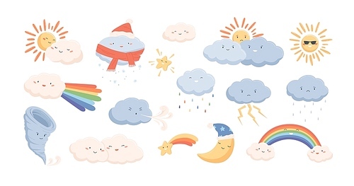 cute weather phenomena - clouds, wind, , thunderstorm, tornado, snow, rain, sun and crescent moon. adorable cartoon characters isolated on white . childish vector illustration