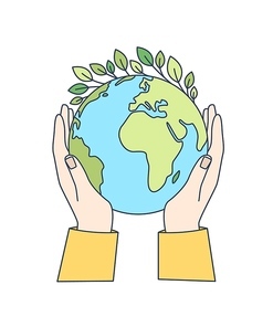 Hands holding planet Earth with green leaves growing on it isolated on white background. Ecological movement, ecology support, responsibility for nature. Modern vector illustration in line art style