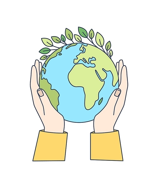 Hands holding planet Earth with green leaves growing on it isolated on white . Ecological movement, ecology support, responsibility for nature. Modern vector illustration in line art style