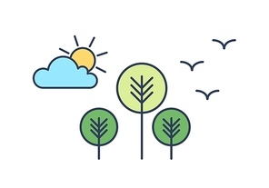 Peaceful landscape with trees, sun, cloud and birds. Scenery with park or forest. Environment protection, ecology support, responsibility for nature. Modern vector illustration in linear style