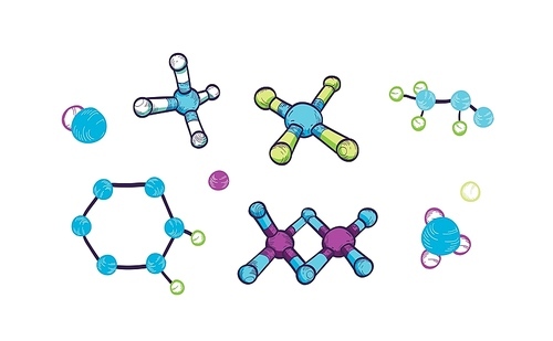 Collection of various molecules with atoms and chemical bonds isolated on white . Bundle of molecular formulas or structures, schematic models. Hand drawn realistic vector illustration