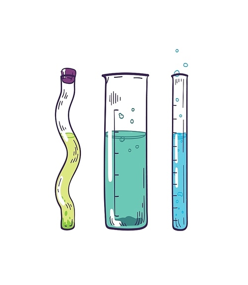 Detailed drawing of test tubes with colorful fizzy liquid reagents isolated on white . Laboratory glassware for scientific experiments. Elegant hand drawn realistic vector illustration