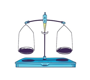 Weighing scale or mass balance with two plates in equilibrium isolated on white background. Laboratory equipment or lab tool for measuring weight. Realistic vector illustration in vintage style