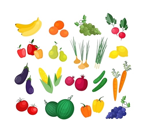 Collection of ripe fresh organic fruits and vegetables isolated on white . Bundle of delicious natural crops or wholesome vegetarian grocery products. Flat cartoon vector illustration