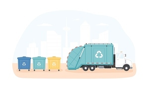 Municipal dumpsters and waste collection vehicle or garbage truck collecting trash against modern cityscape in background. Junk sorting and recycling. Modern flat cartoon colorful vector illustration