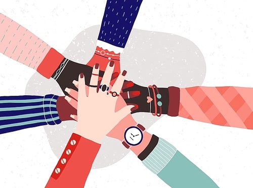 Hands of diverse group of women putting together. Concept of sisterhood, girl power, feminist community or movement, friendship, support and cooperation. Flat cartoon colorful vector illustration