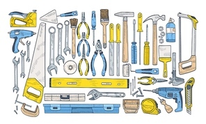 Bundle of manual and powered tools for handcraft and woodworking. Set of equipment for home repair and maintenance isolated on white background. Colorful hand drawn realistic vector illustration