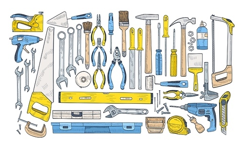 Bundle of manual and powered tools for handcraft and woodworking. Set of equipment for home repair and maintenance isolated on white . Colorful hand drawn realistic vector illustration