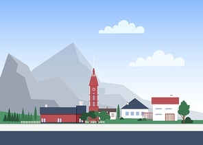 Urban landscape with town or village with private houses or residential buildings, chapel tower and trees. Cityscape with mountain settlement. Colorful vector illustration in flat cartoon style