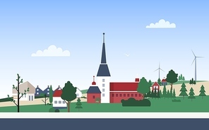 Horizontal landscape with town neighborhood with private houses or residential buildings, tower, park and wind turbines on hills. Small city or village. Vector illustration in flat cartoon style