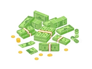 Collection of isometric cash money or currency. Set of Dollar bills or banknotes in packs, rolls and bundles and cent coins isolated on white background. Colorful isometric vector illustration
