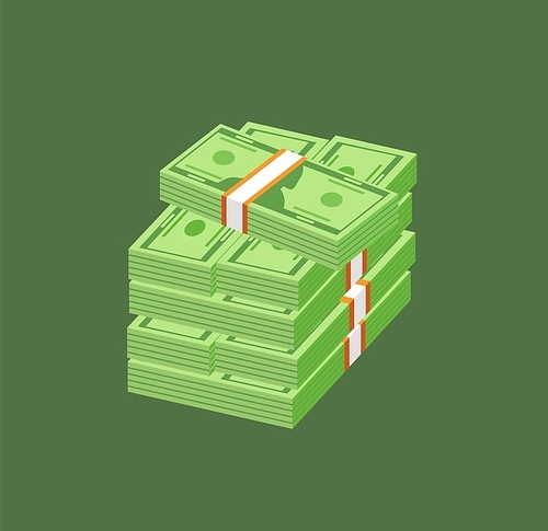 Stack of paper cash money or currency. American dollar bills or banknotes in packs and bundles isolated on green background. Payment, saving or investment. Modern isometric vector illustration