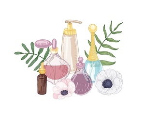 Elegant hand drawn decorative composition with perfume, toilet water, fragrant essential oil in glass bottles and blooming flowers on white background. Realistic vector illustration in vintage style