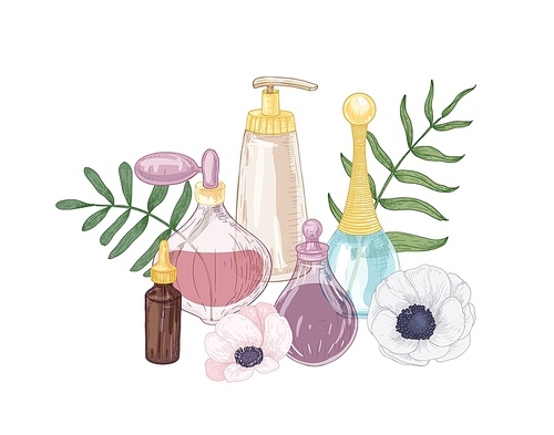 Elegant hand drawn decorative composition with perfume, toilet water, fragrant essential oil in glass bottles and blooming flowers on white background. Realistic vector illustration in vintage style