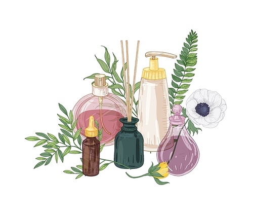 Realistic decorative composition with perfume and cosmetics in glass flasks, incense sticks and blooming flowers on white background. Hand drawn vector illustration in elegant vintage style