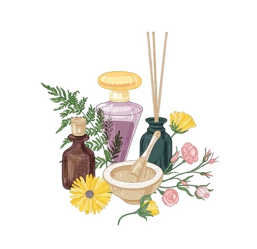 Elegant composition with aroma cosmetics, fragrances or odorants in glass bottles, mortar and pestle, incense sticks and beautiful blooming flowers. Realistic vector illustration in vintage style